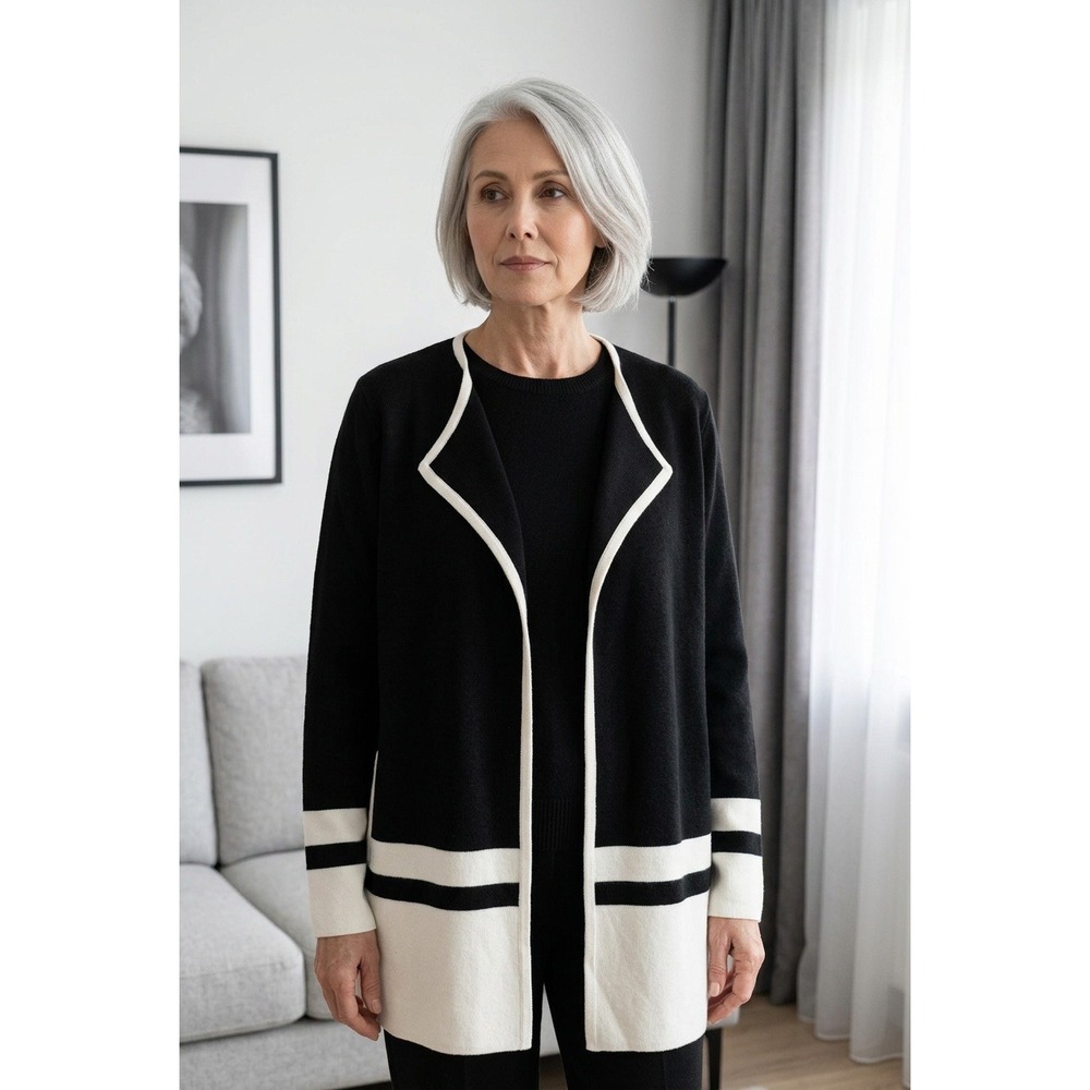 Talbots Petite Black Ivory Merino Wool Open Front Cardigan Sweater MP Timeless